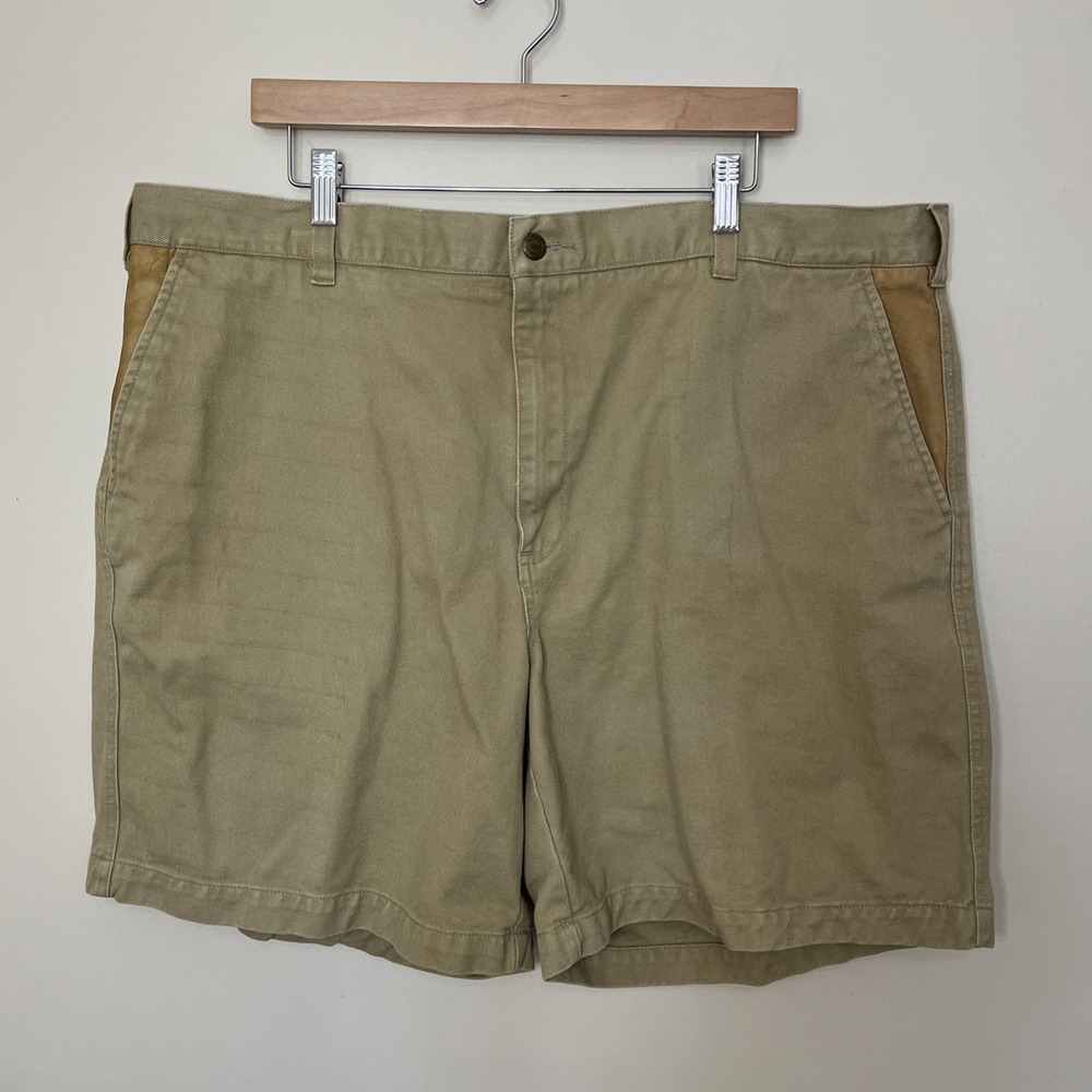 Vintage Orvis Duck Cloth‎ Canvas Shorts Men's 44 Beige Leather Trim Flat Front
